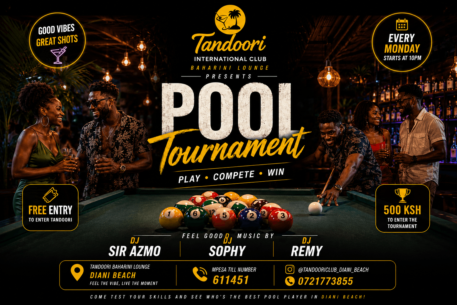 Pool Tournament — every Monday at Tandoori International Club, Diani Beach